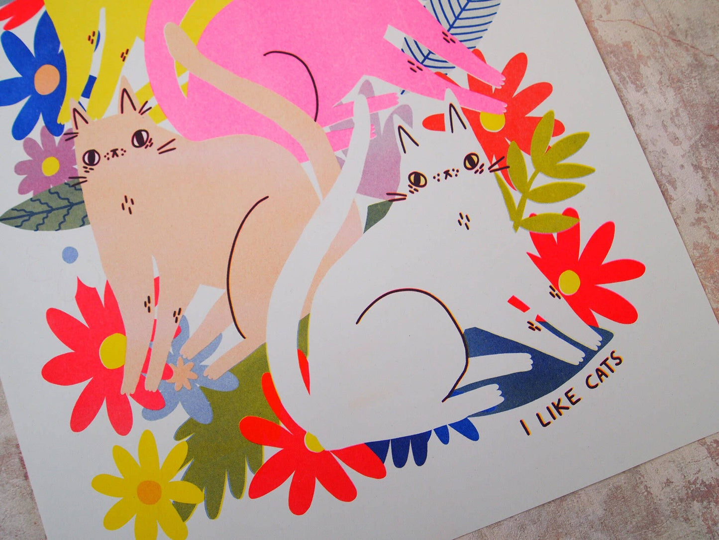 Cats and Flowers Riso Print Artwork