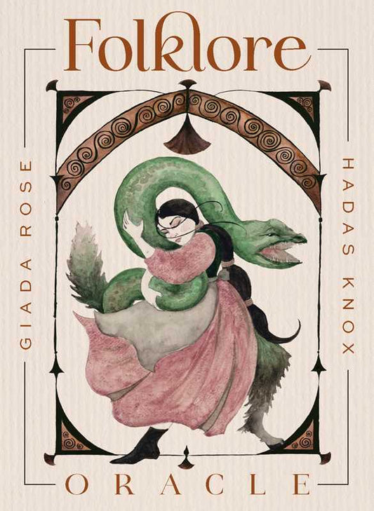 Book cover of 'Folklore Oracle' featuring a stylized illustration of a woman with a snake and decorative text.