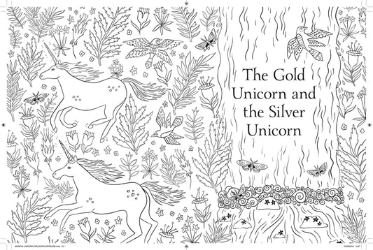 Unicorn-themed coloring page with text 'The Gold Unicorn and the Silver Unicorn' surrounded by foliage.