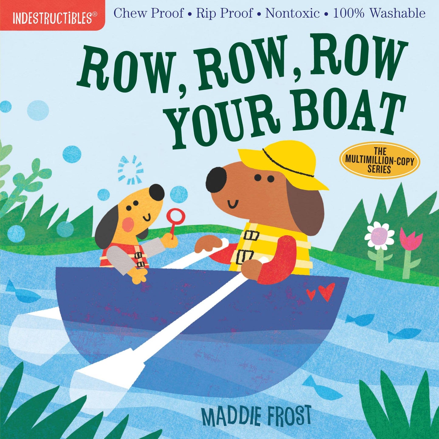 Book cover of 'Row, Row, Row Your Boat' with two dogs in a boat on a blue background.