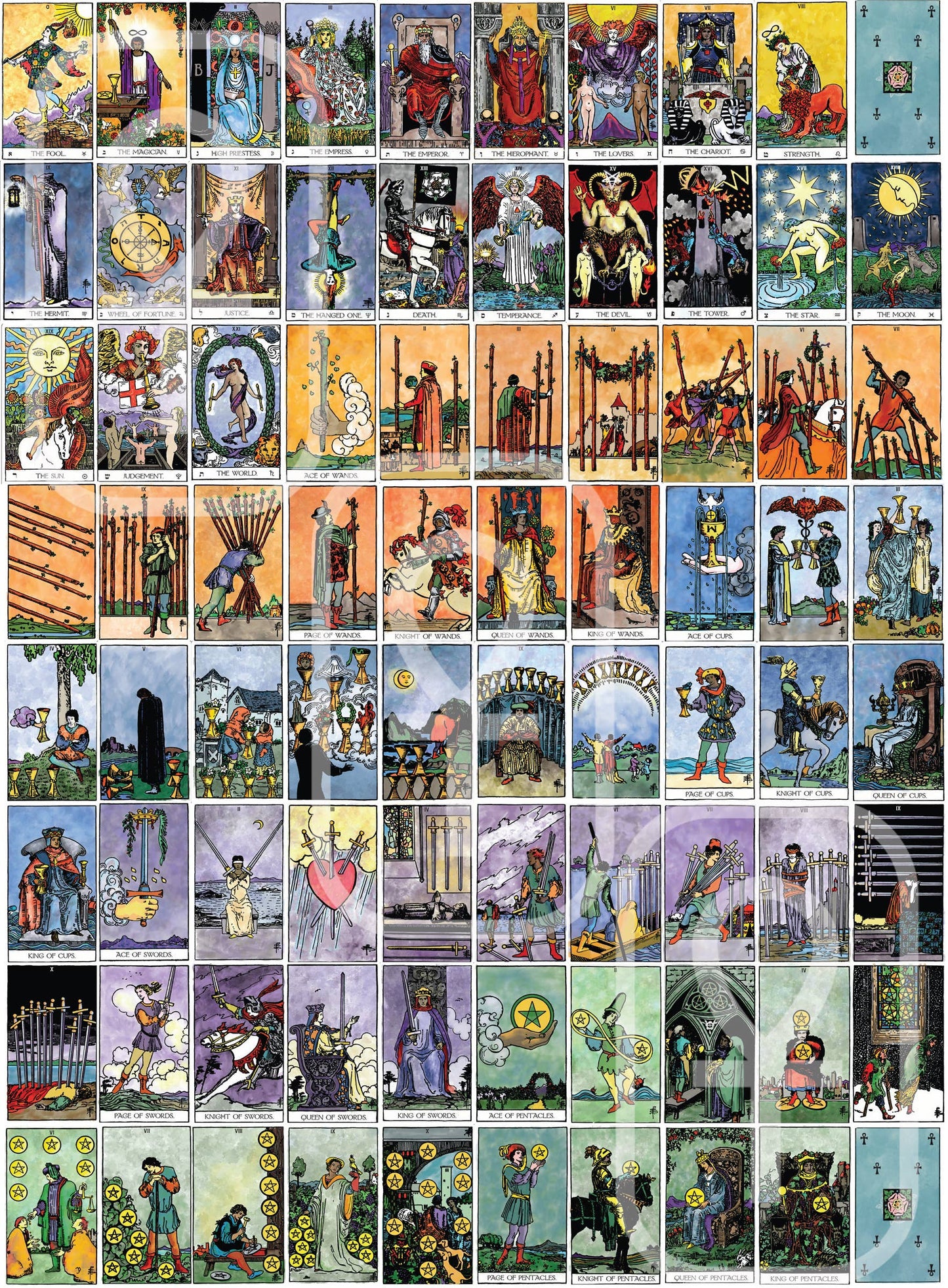 Collection of tarot cards with various illustrations and designs.