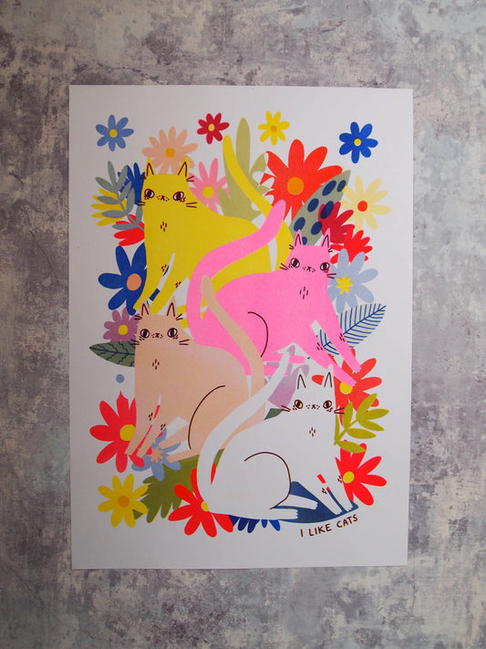 Cats and Flowers Riso Print Artwork