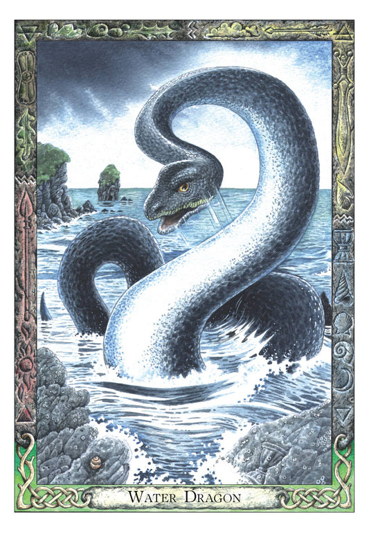 Illustration of a water dragon in a coastal scene with decorative frame.