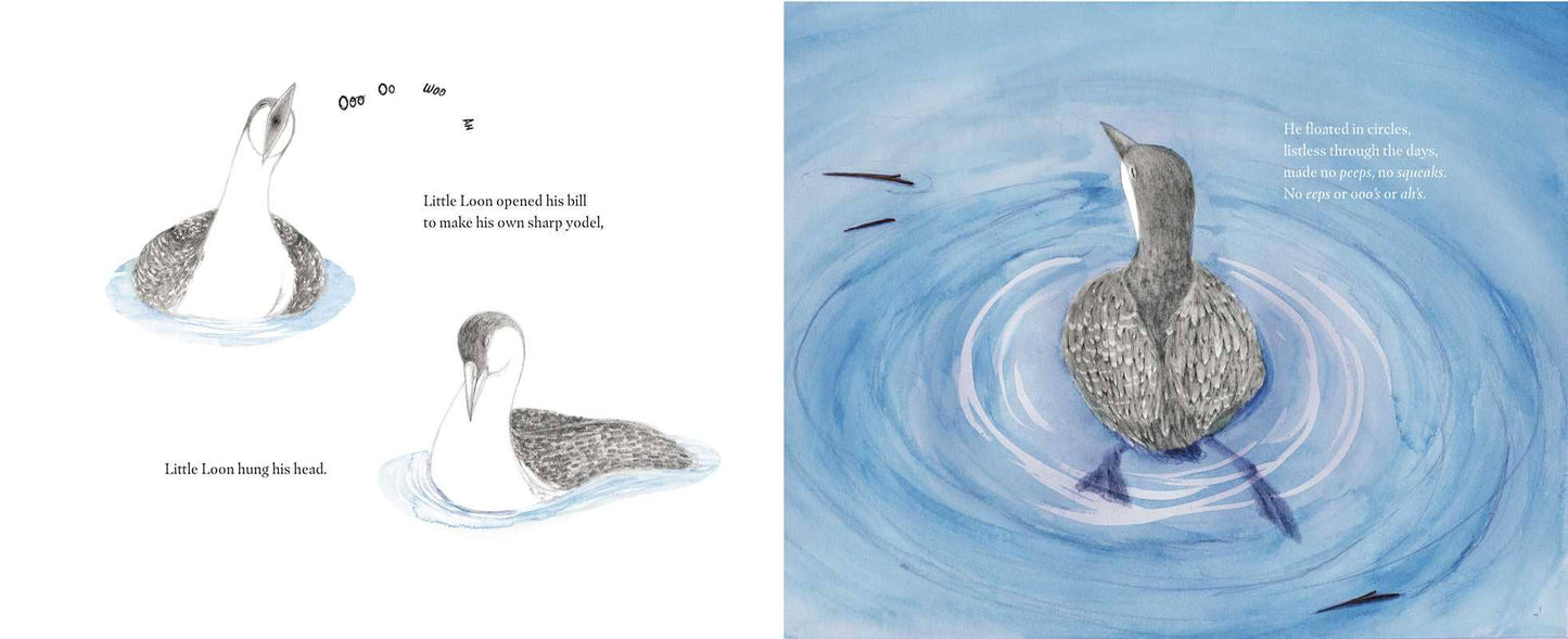 Illustration of a goose swimming with ripples on water, part of a children's book illustration.