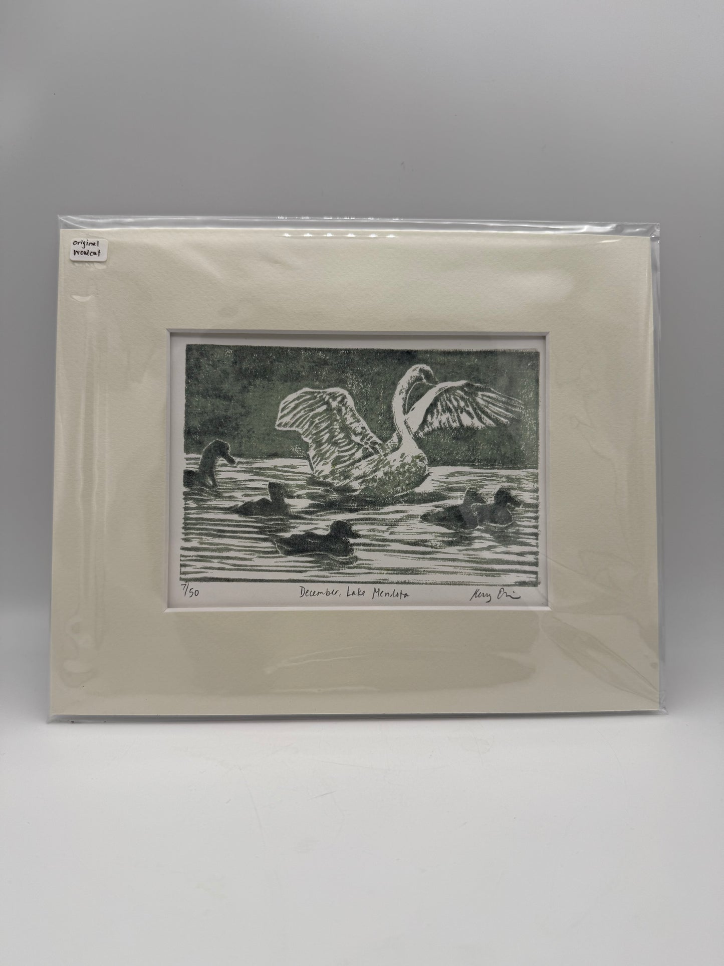 December, Lake Mendota Swan Original Woodcut 8x10 Print