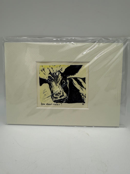 Original Linocut Matted Print 5X7 - Mad Cow