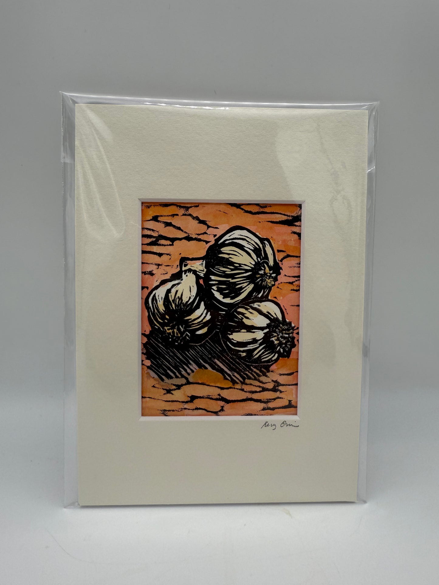 Original Linocut Matted Print 5X7 - Garlic