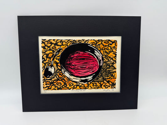 Original Linocut Print, Handpainted, 8x10 - Pink Soup, Take One