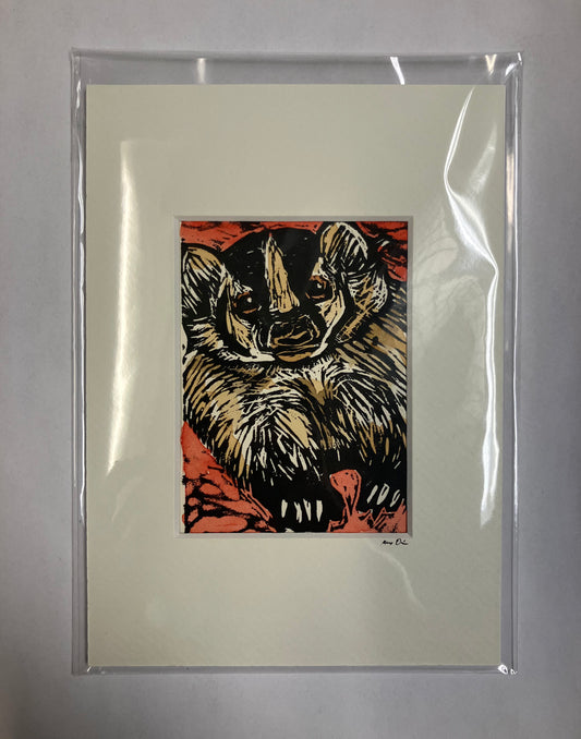Original Linocut Matted Print 5X7 - Badger
