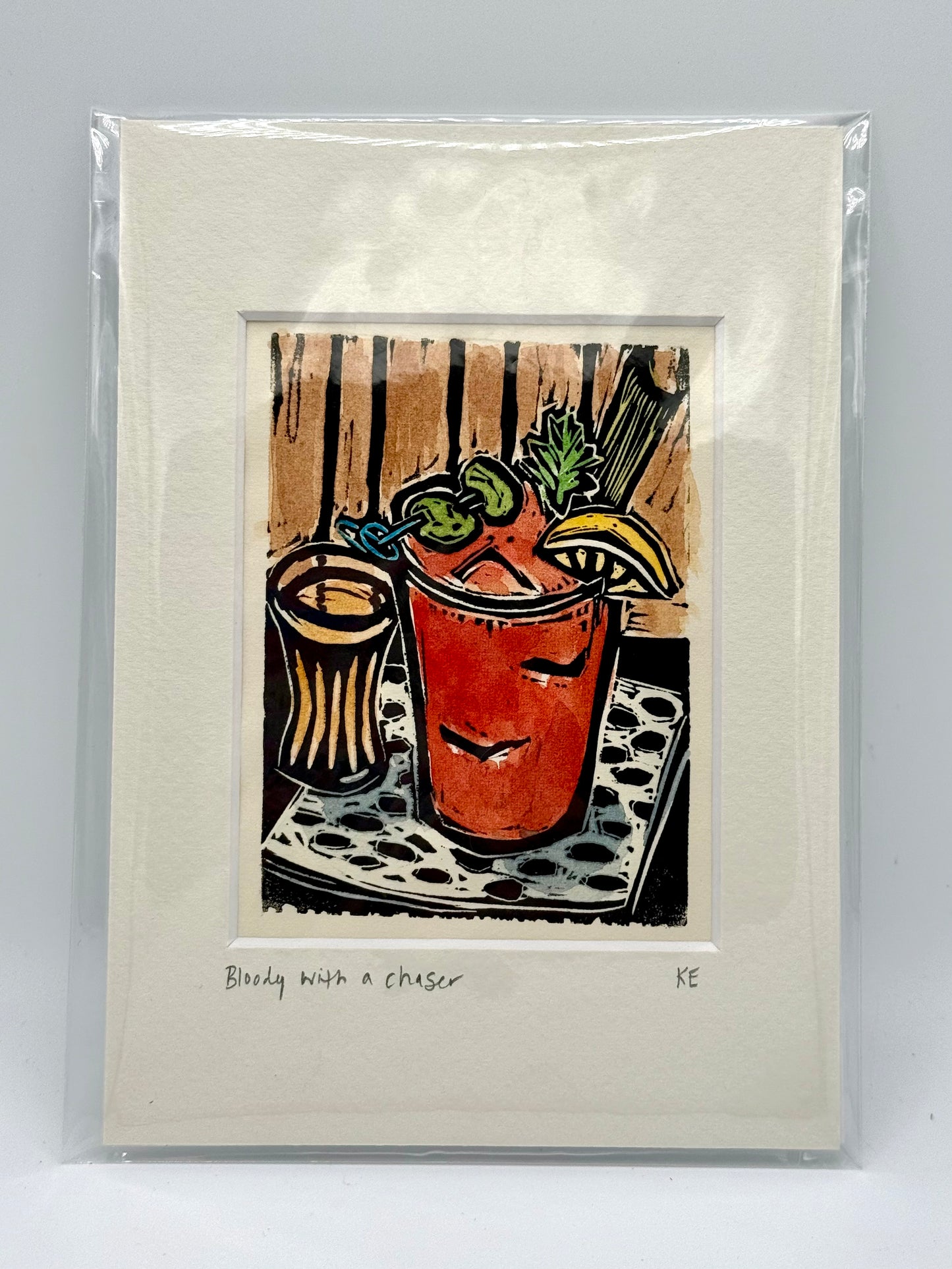 Original Linocut Matted Print - Bloody with a Chaser