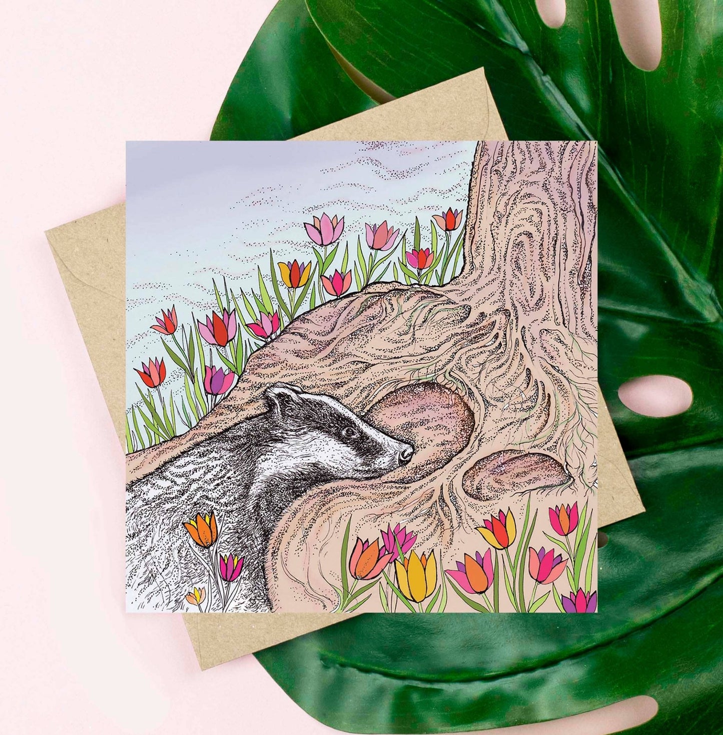 Badger and Tulips Greeting Card - The Regal Find