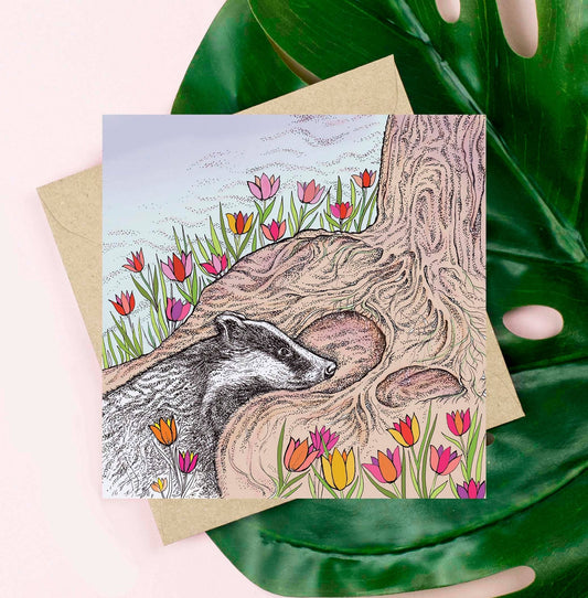 Badger and Tulips Greeting Card - The Regal Find