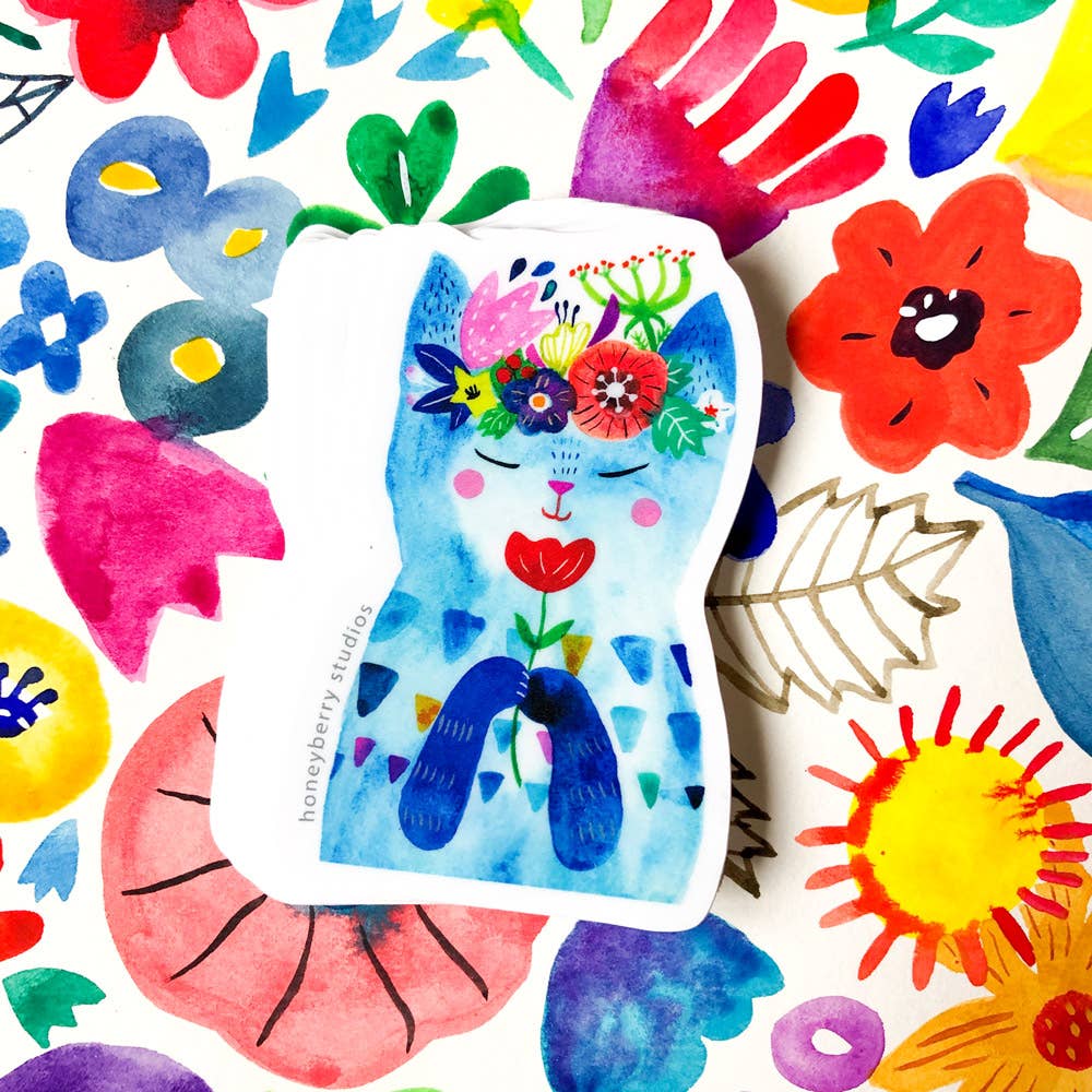 Blue Flower Kitty Vinyl Sticker - The Regal Find