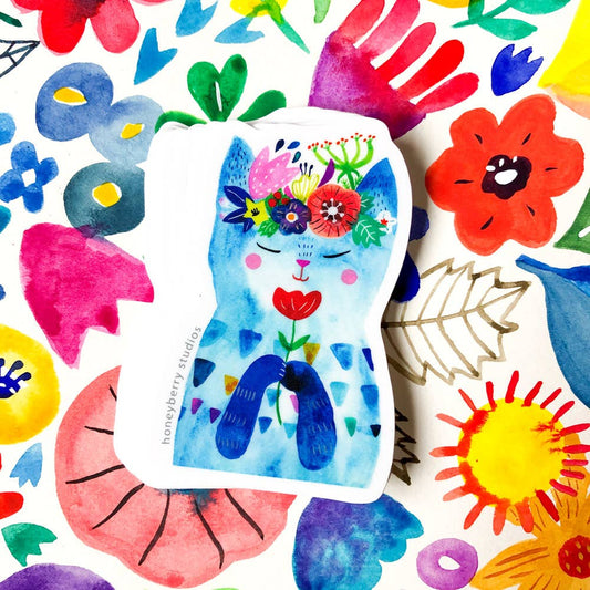 Blue Flower Kitty Vinyl Sticker - The Regal Find