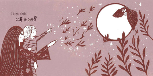 Illustration of two people in patterned clothing with a bird and moon in the background on a pink background.