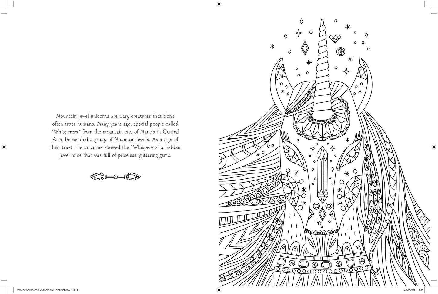 Coloring book page with a detailed unicorn illustration on a white background.