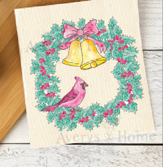 Cardinal Christmas Wreath Swedish Dishcloth