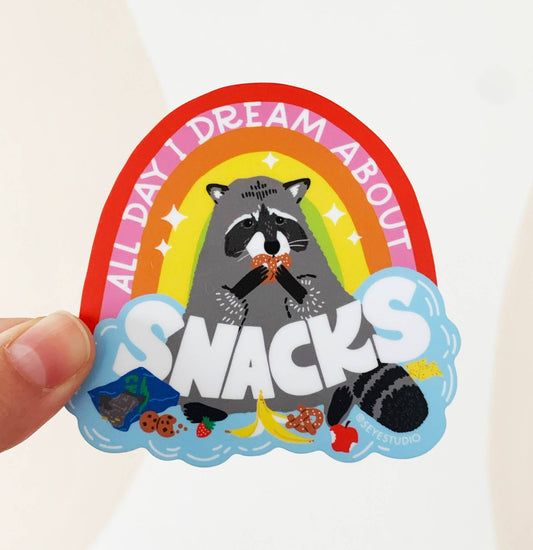 All Day I Dream About Snacks Raccoon Vinyl Diecut Sticker - The Regal Find