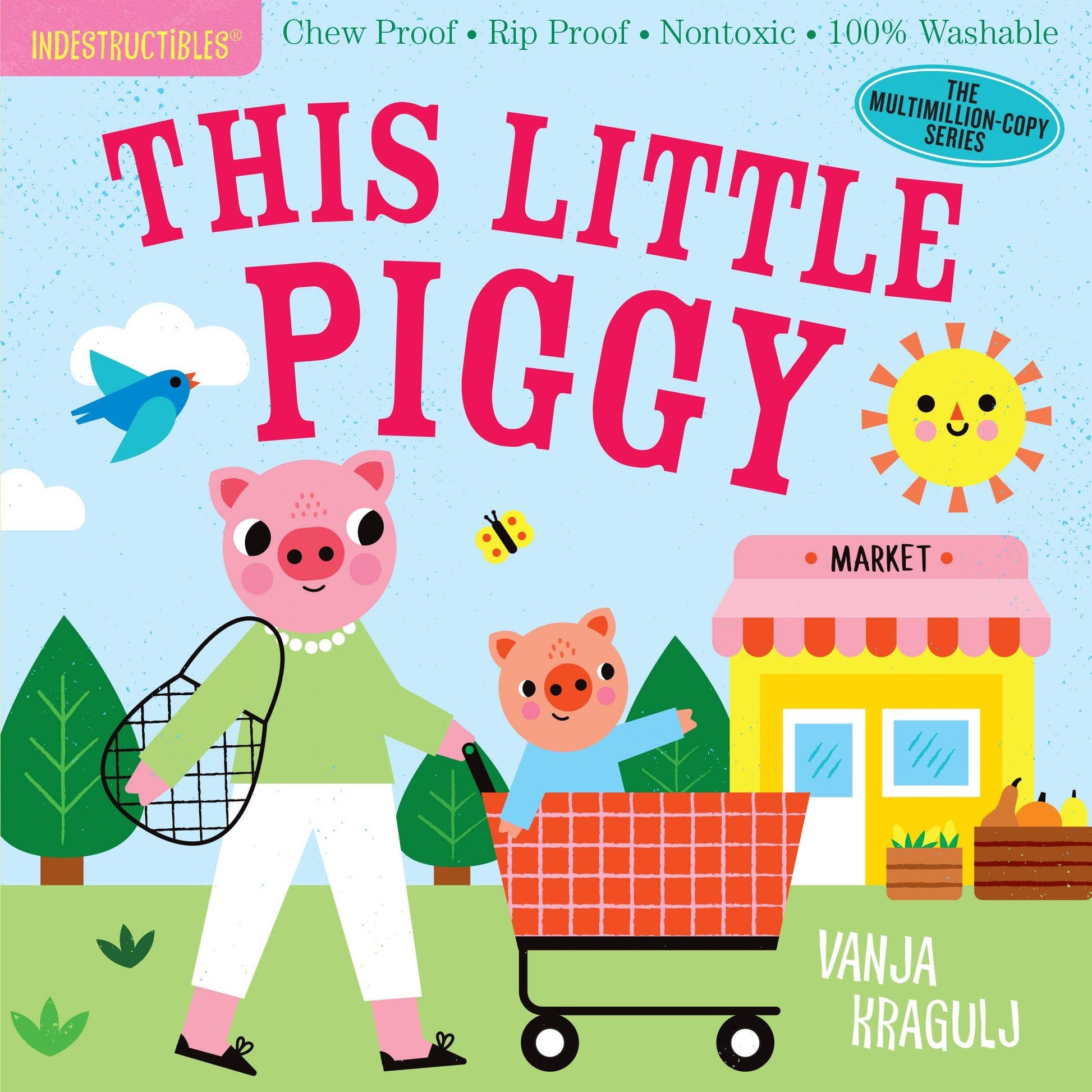 Book cover of 'This Little Piggy' with illustrations of a pig and a child in a shopping cart.