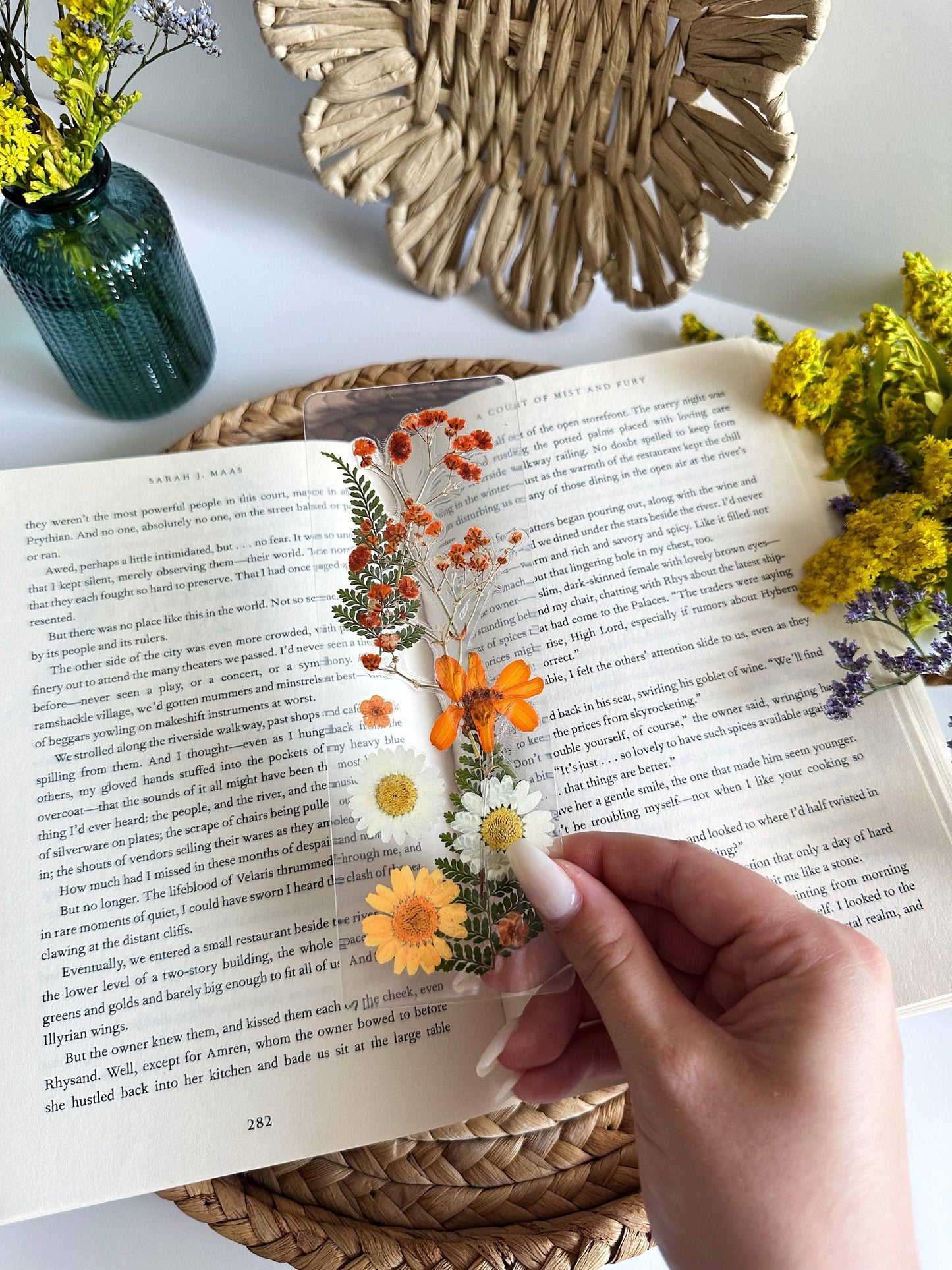Orange + White Pressed Flower Bookmark