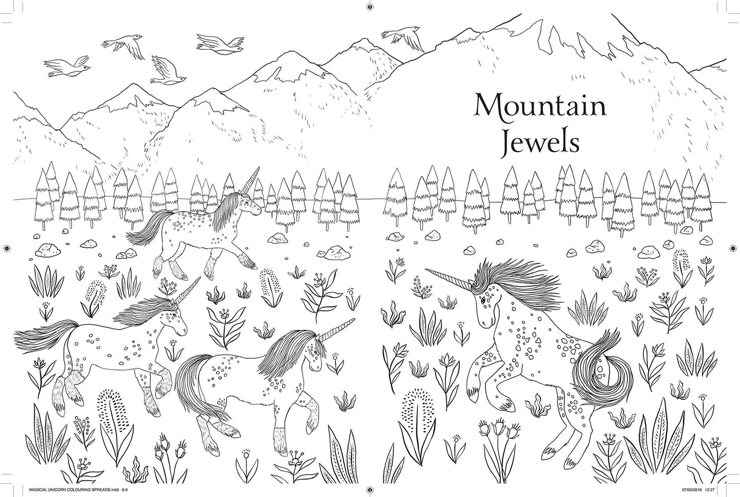 Coloring page with unicorns, mountains, and trees labeled 'Mountain Jewels'.