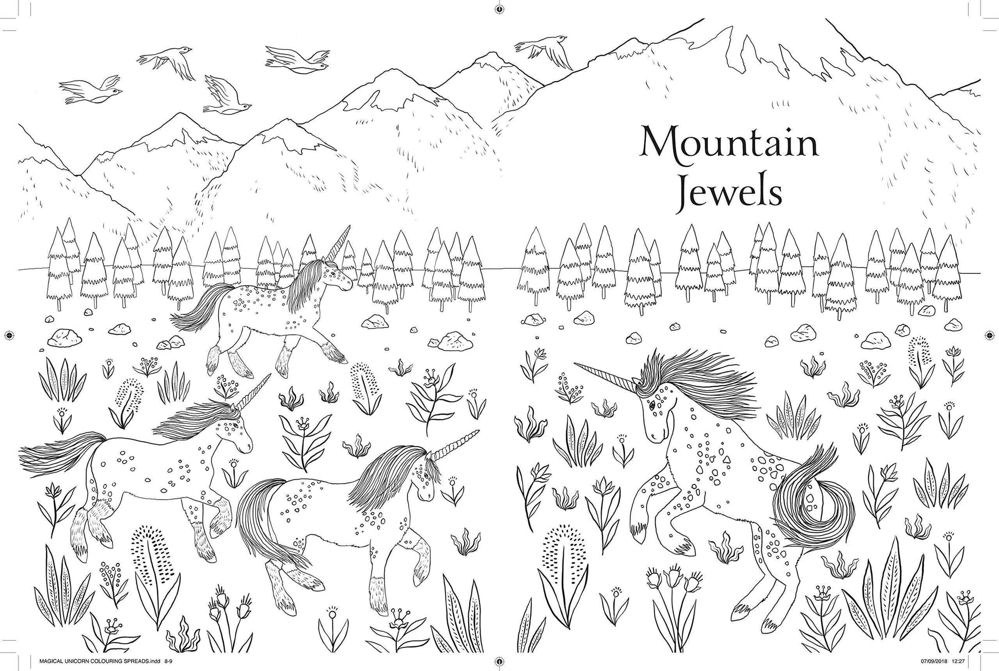 Coloring page with unicorns, mountains, and trees labeled 'Mountain Jewels'.