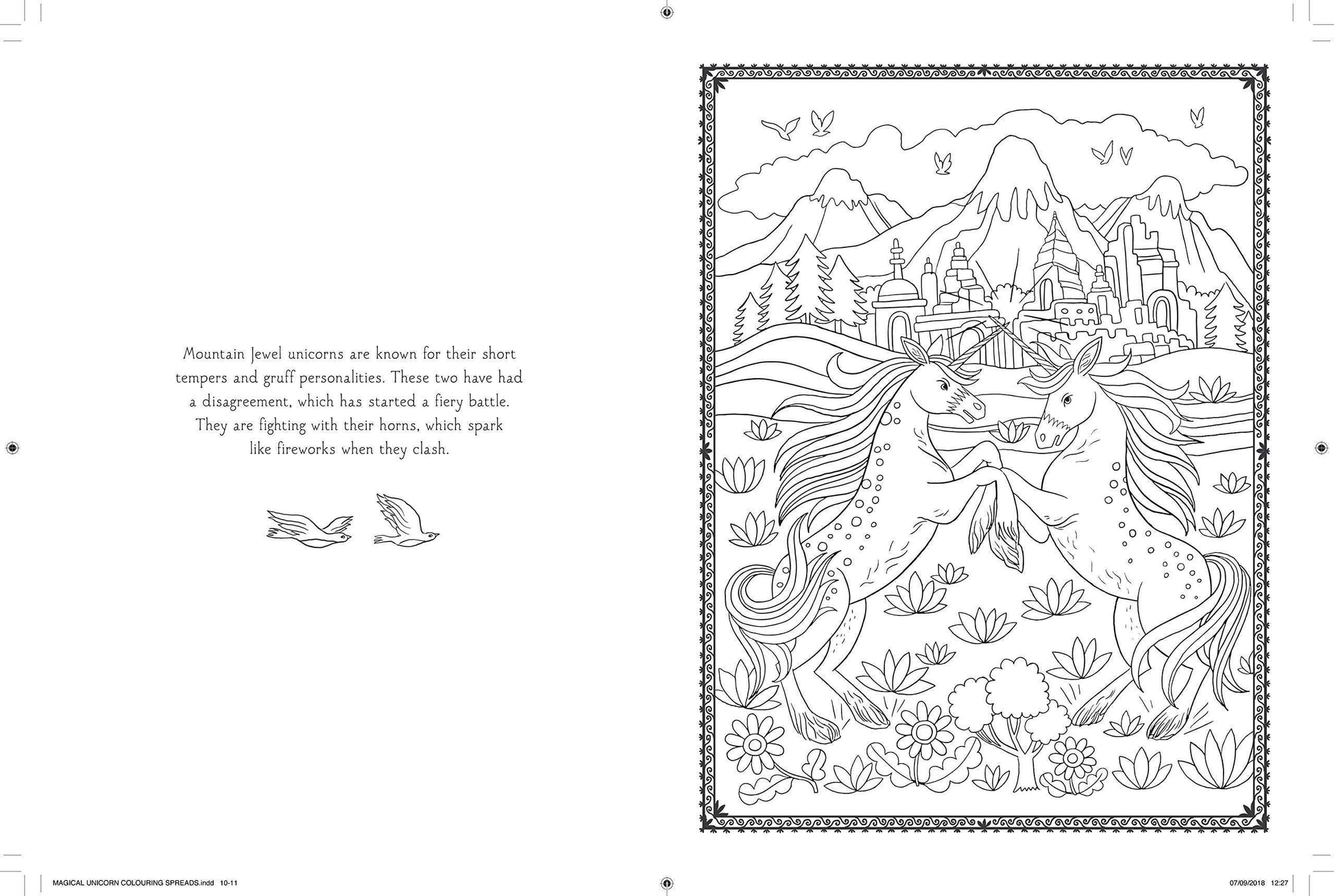 Coloring page with two unicorns in a mountainous landscape