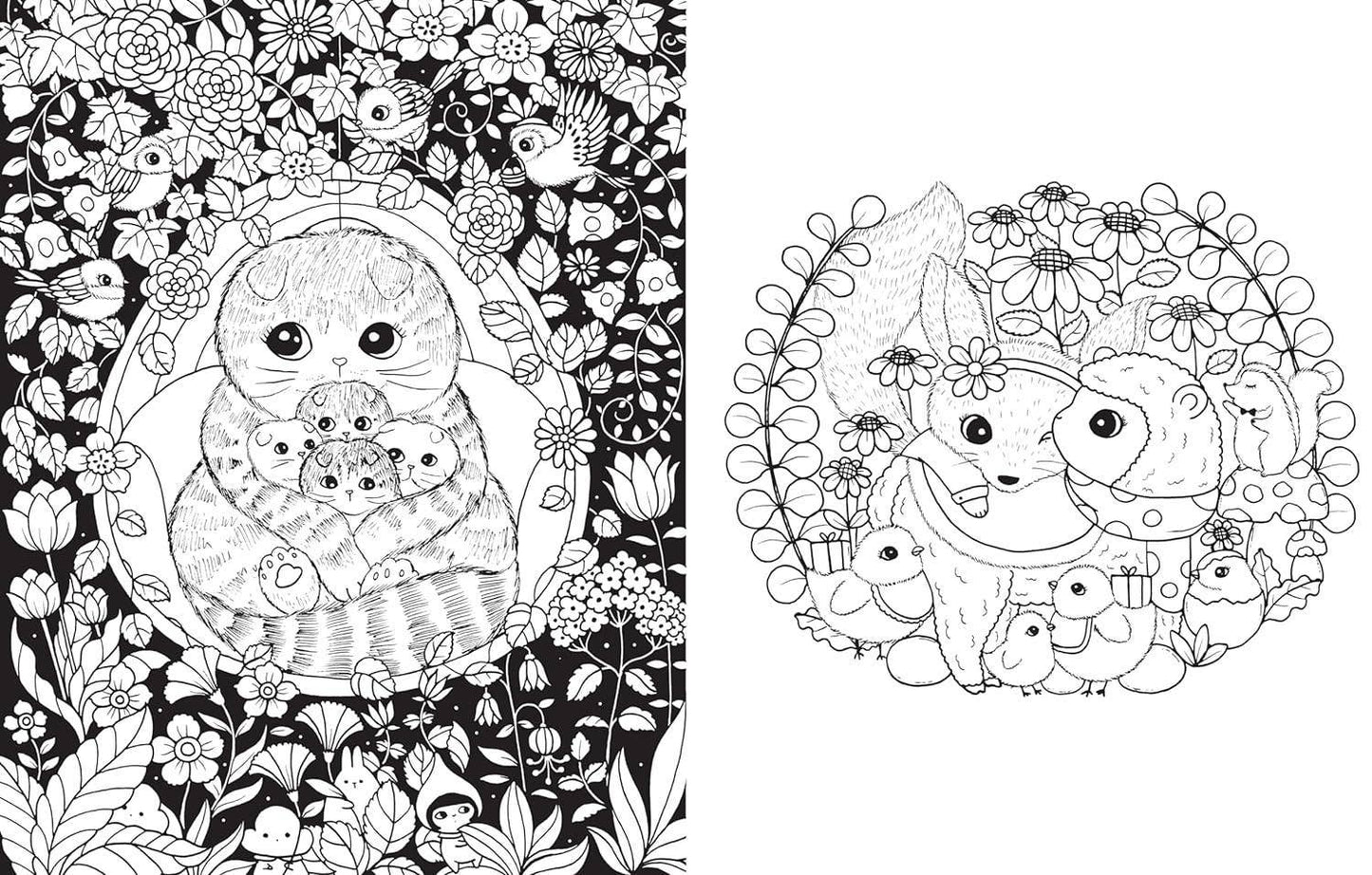Two black and white illustrations of a cat and a flower arrangement with additional elements on a floral background.