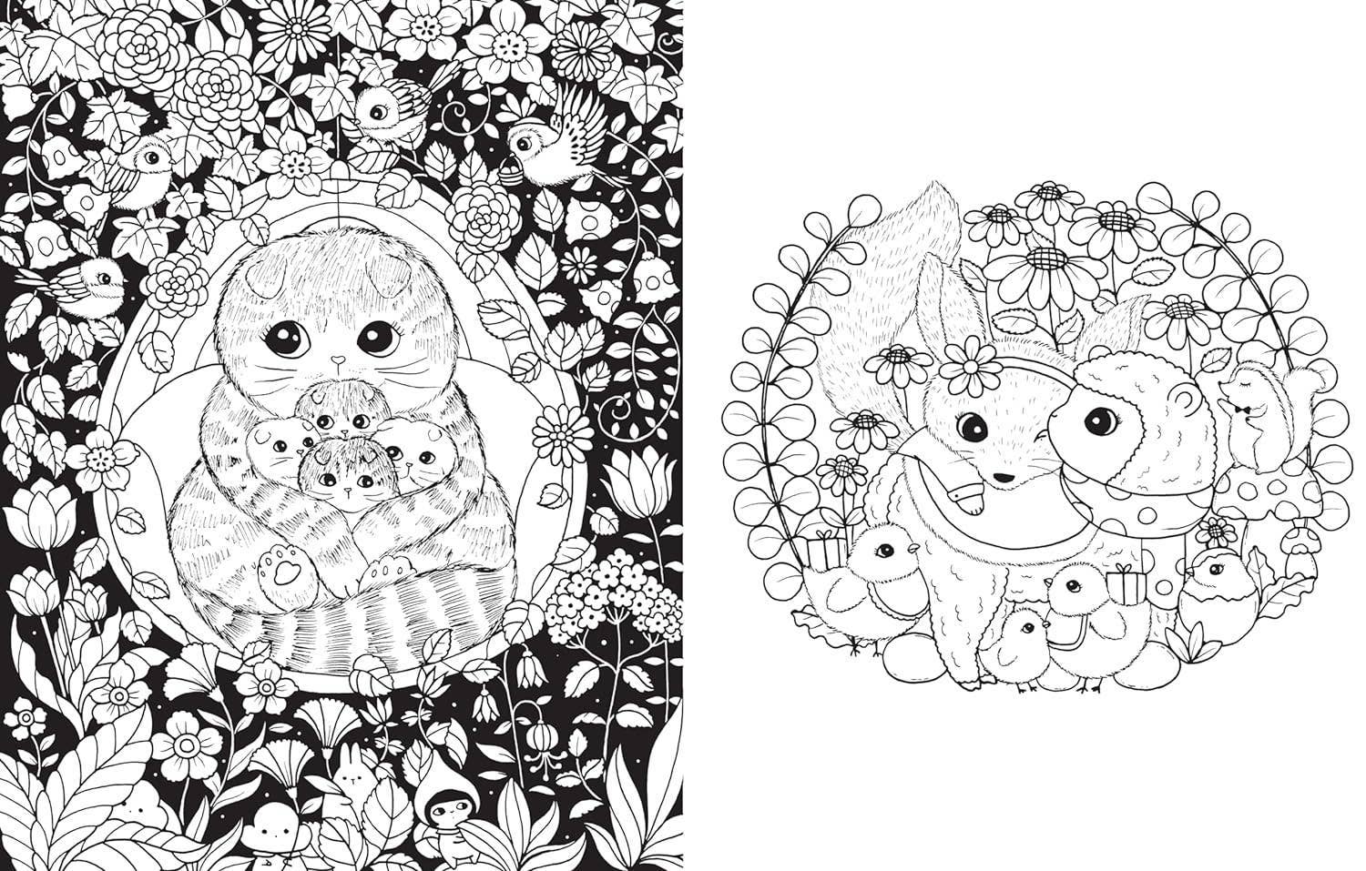 Two black and white illustrations of a cat and a flower arrangement with additional elements on a floral background.