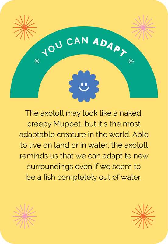 Motivational card with axolotl illustration and text on a yellow background