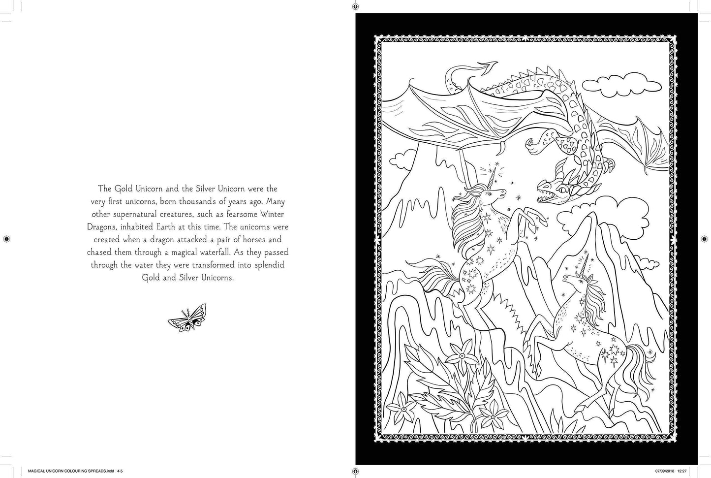 Coloring book page with unicorns and dragons illustration and text.