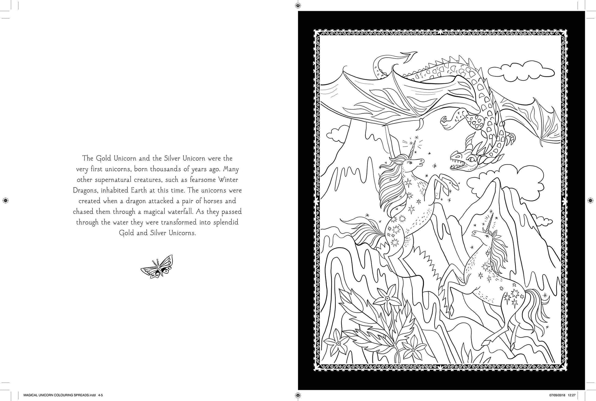 Coloring book page with unicorns and dragons illustration and text.