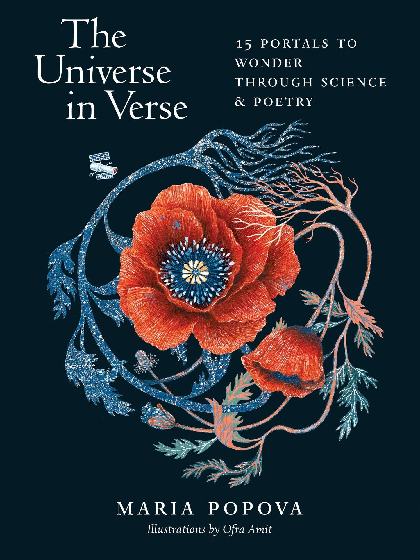 Book cover of 'The Universe in Verse' with floral illustration and text on a dark background