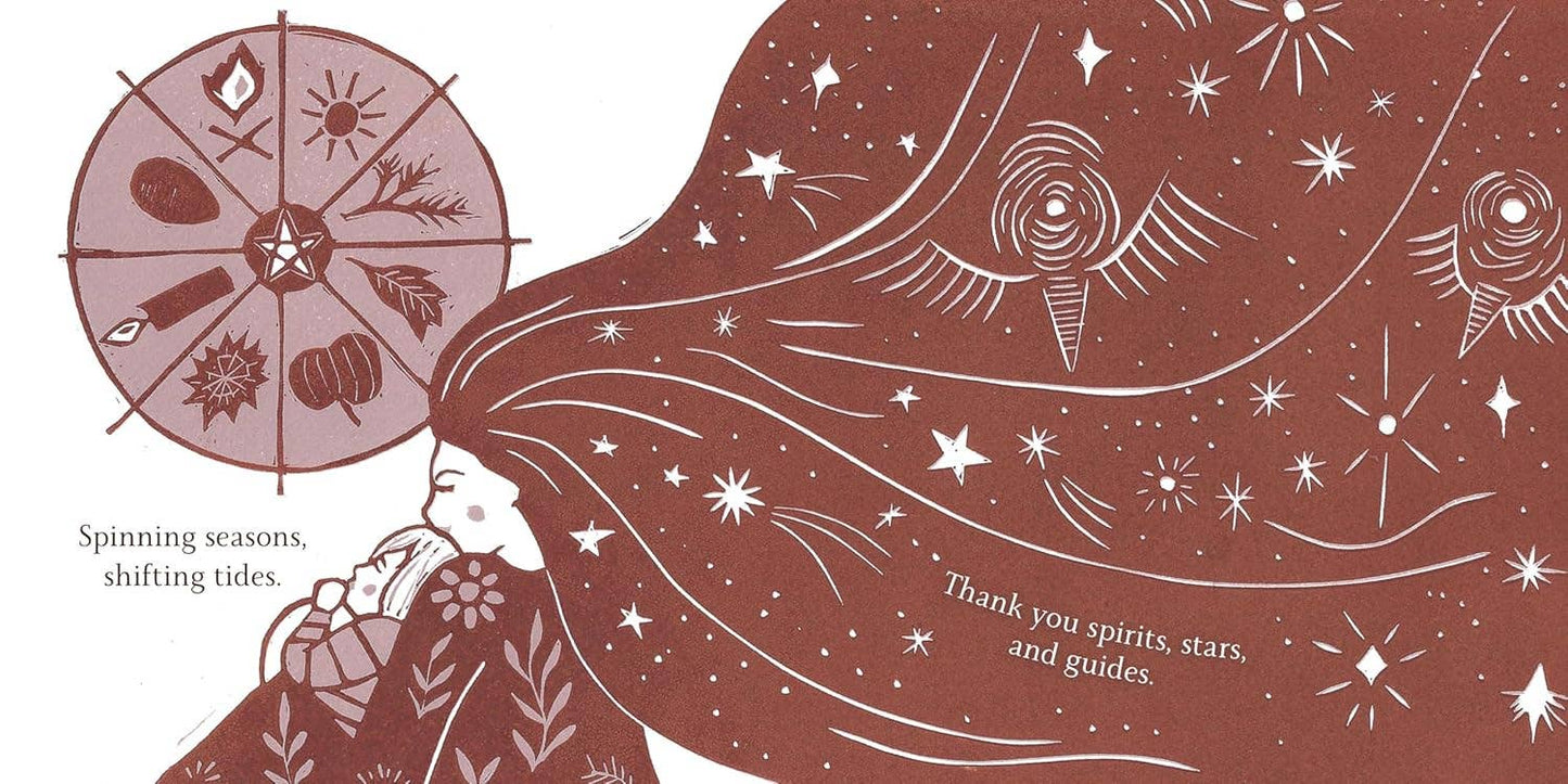 Illustration of a person with long hair and celestial elements on a red background