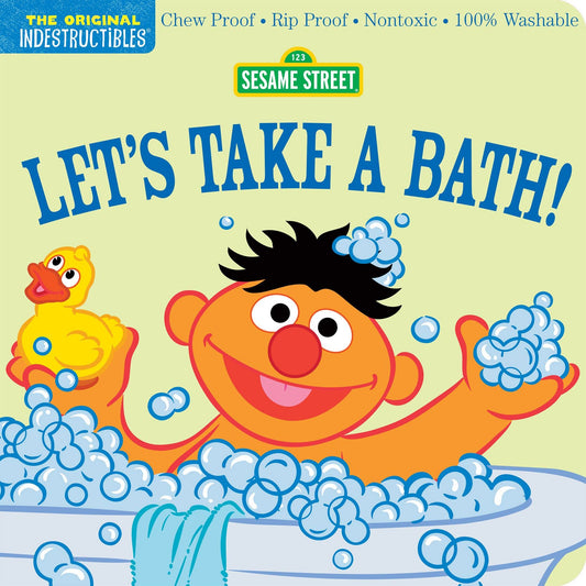 Book cover of Sesame Street's 'Let's Take a Bath!' featuring Ernie in a bathtub with bubbles and a rubber duck.