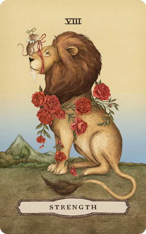 Tarot card featuring a lion with flowers and a mouse, labeled 'Strength'.