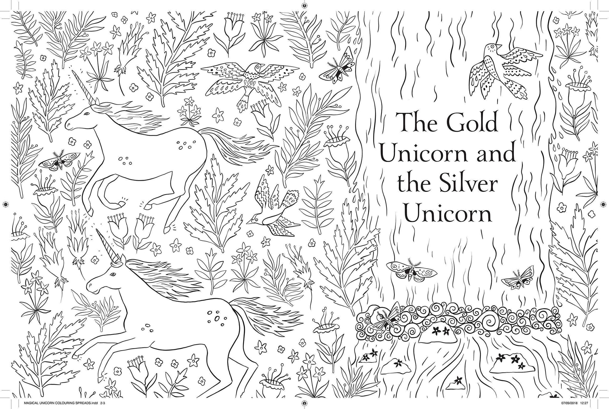 Unicorn-themed coloring page with text 'The Gold Unicorn and the Silver Unicorn' surrounded by foliage.