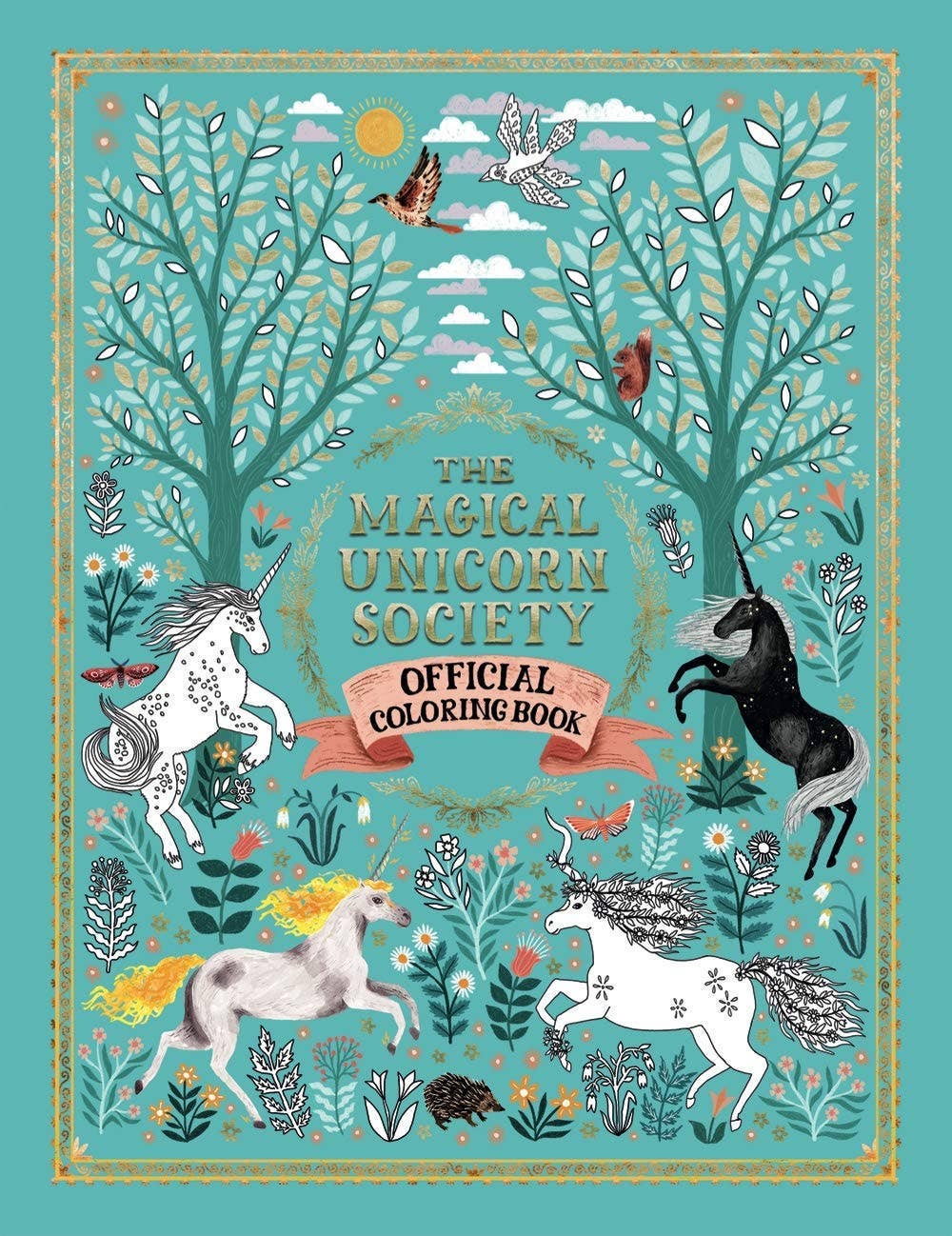 Cover of 'The Magical Unicorn Society' coloring book with unicorns and trees on a teal background.