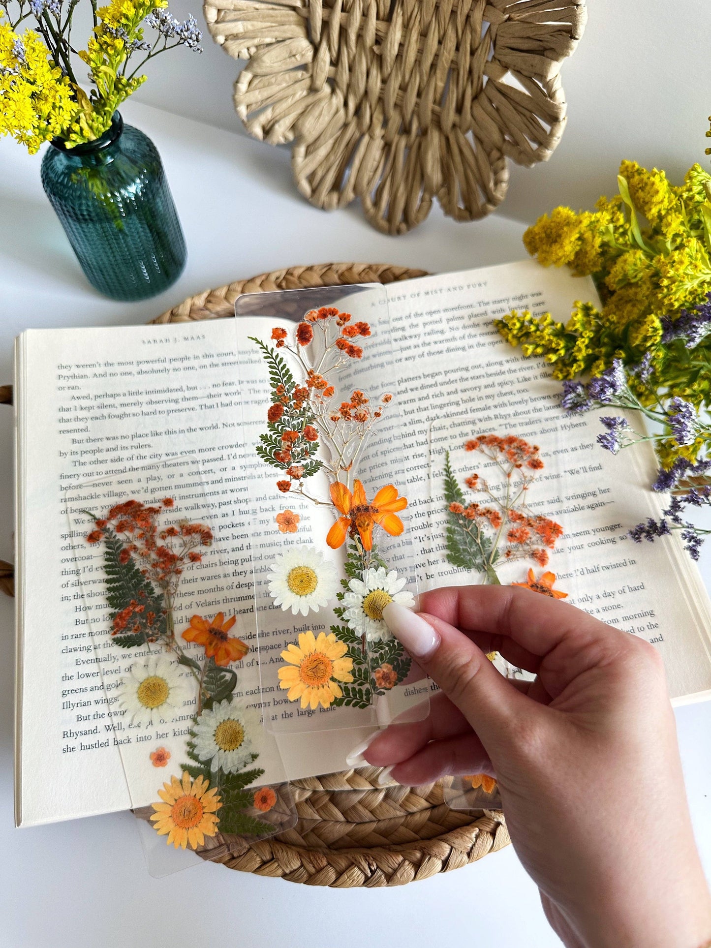 Orange + White Pressed Flower Bookmark