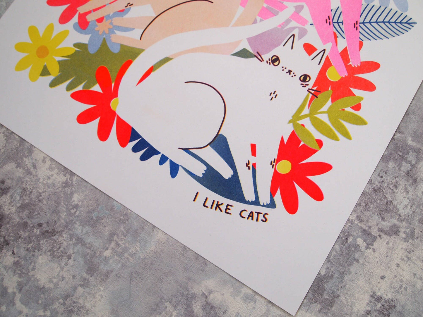 Cats and Flowers Riso Print Artwork