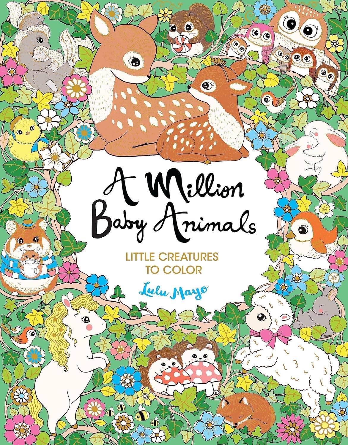 Colorful book cover of 'A Million Baby Animals' with various baby animals and flowers.