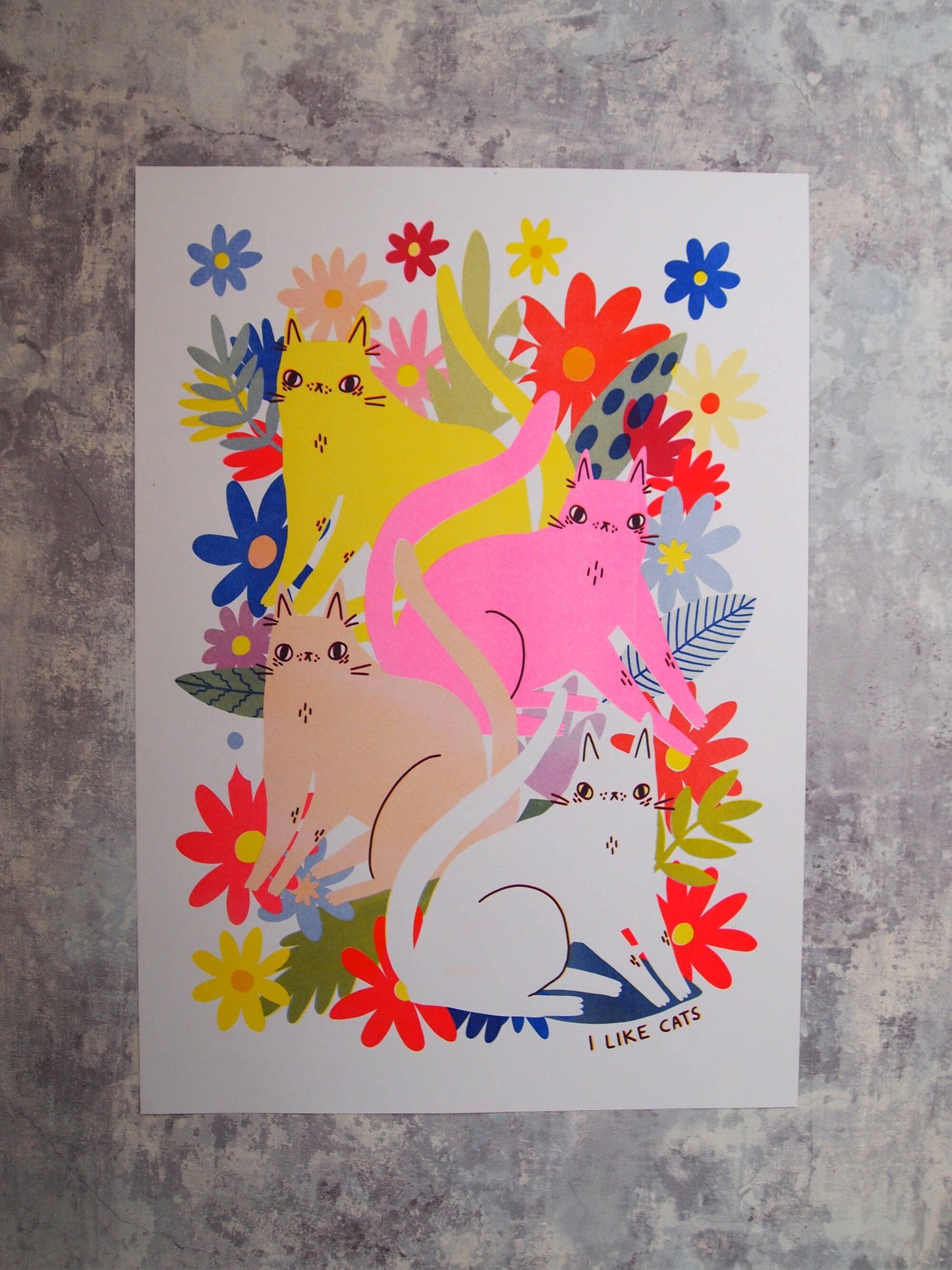 Cats and Flowers Riso Print Artwork