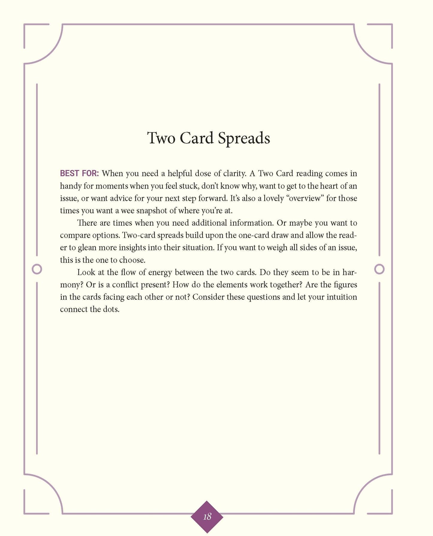 Text on a white background with purple border and text box, discussing two card spreads in a guide or manual.