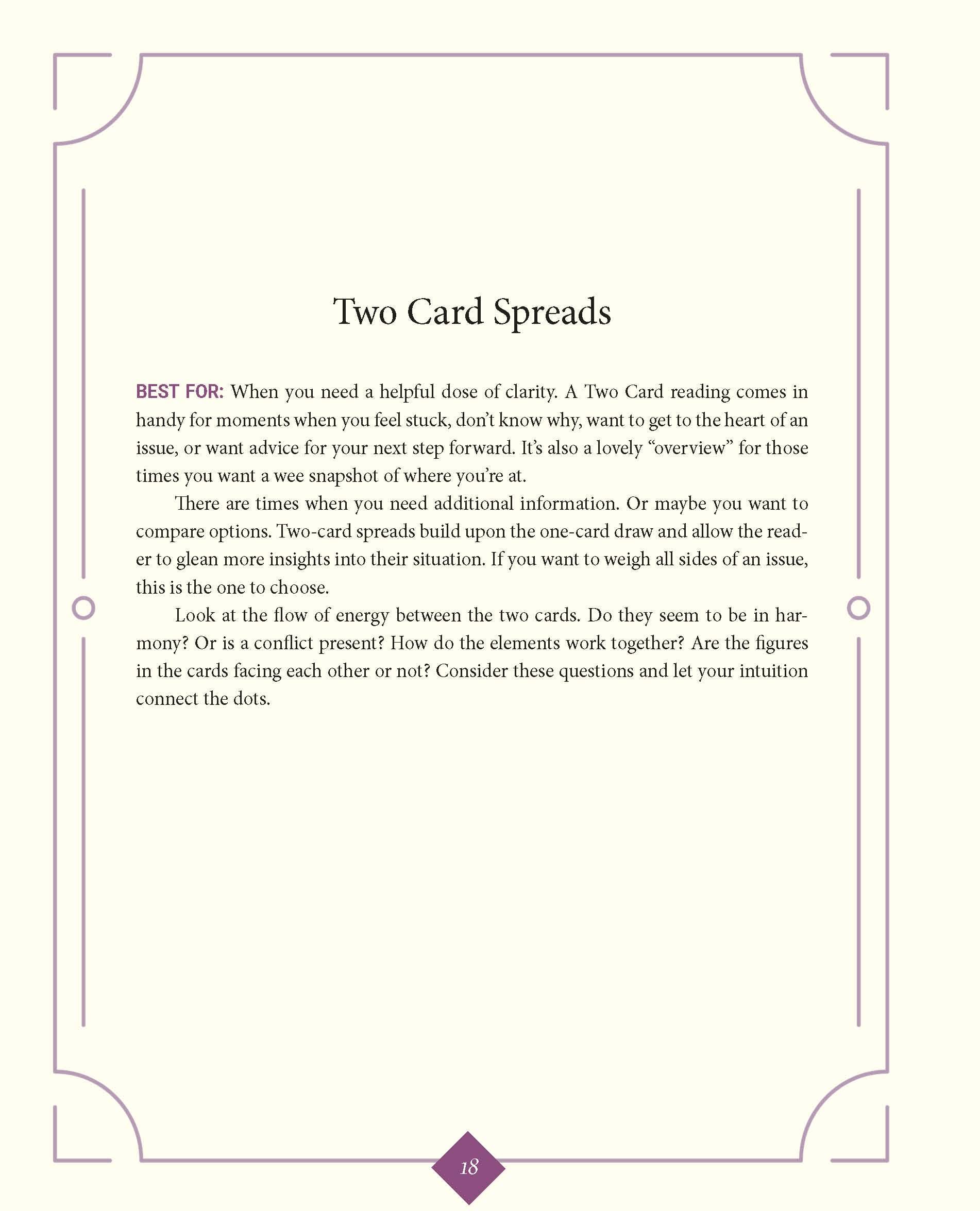 Text on a white background with purple border and text box, discussing two card spreads in a guide or manual.