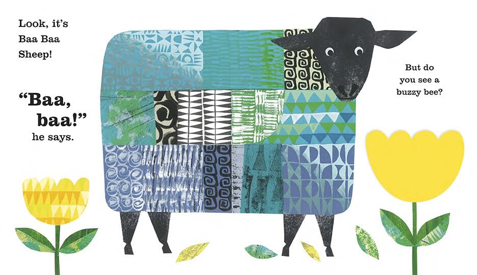 Illustration of a sheep with a patterned fleece, surrounded by flowers, from a children's book.