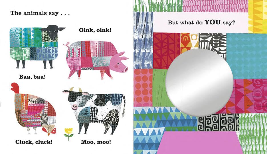 Illustrations of animals with their sounds on a colorful geometric patterned background.