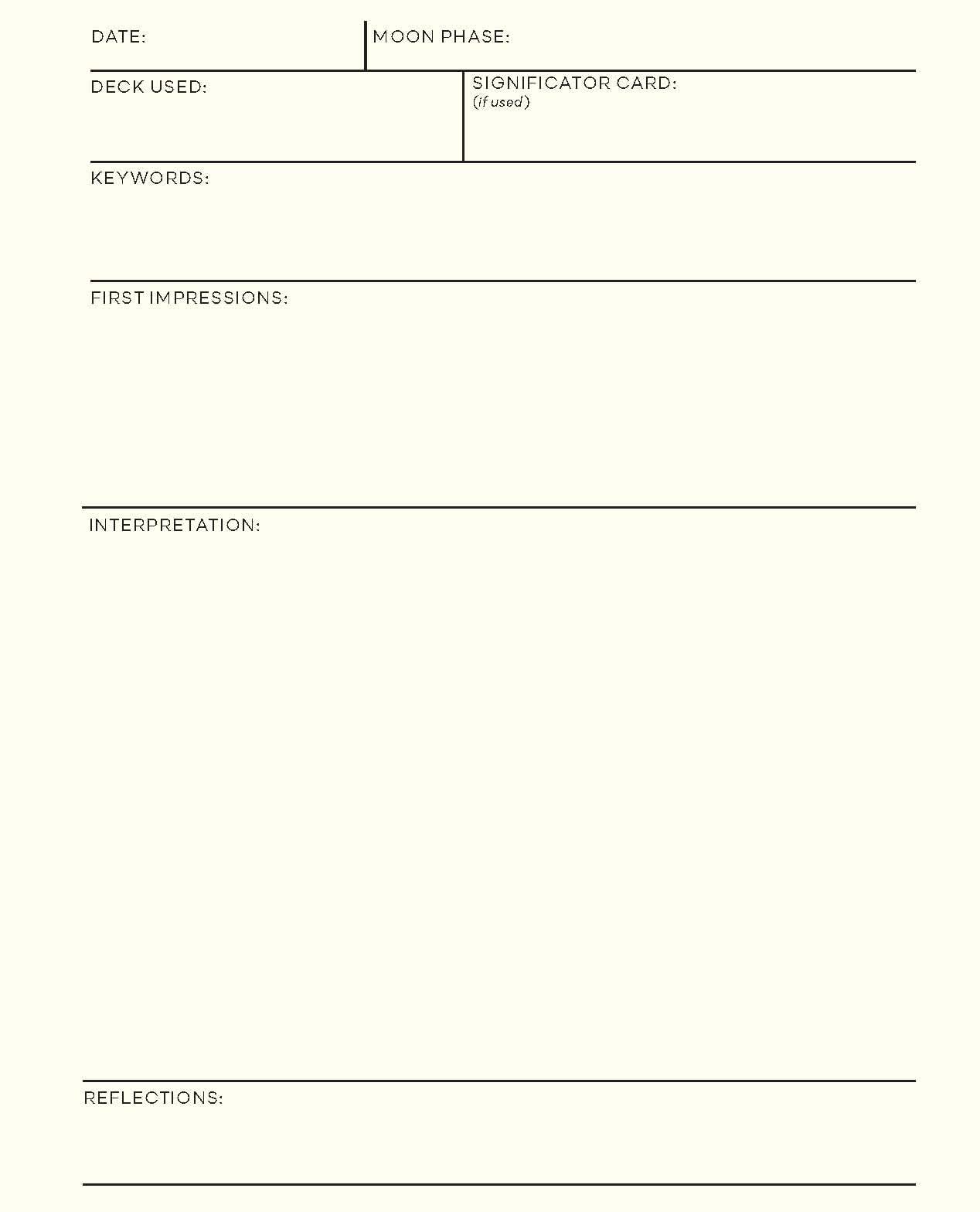 Blank form with various fields for recording information