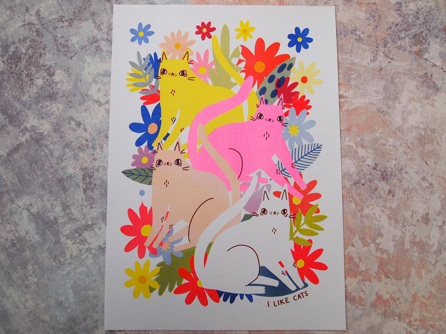 Cats and Flowers Riso Print Artwork