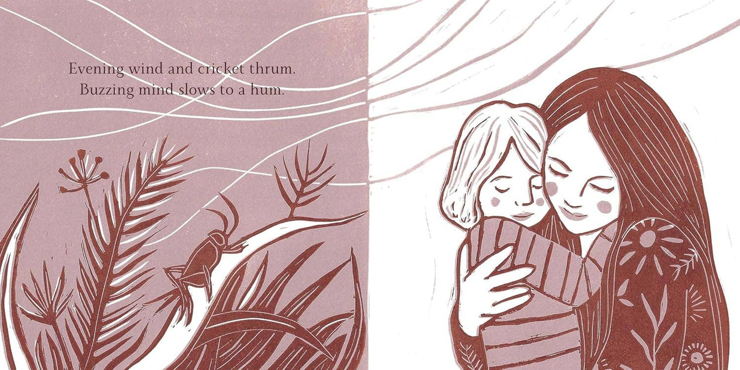 Illustration of a woman and child embracing with nature elements on a pink background