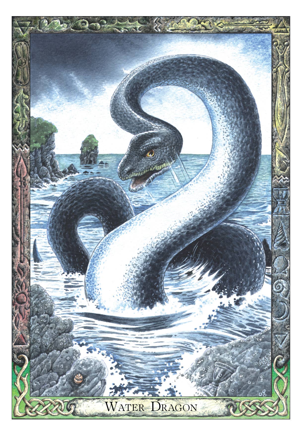 Illustration of a water dragon in a coastal scene with decorative frame.